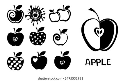 Set of apple icon isolated on white background. Fruits icon and Fruit logo design fresh fruits, nature food. Vector illustration. Whole and sliced garden fruit. Abstract flat design drawn healthy food