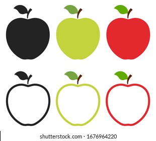 Set of apple icons. Black, green, red fill and outline apple logo isolated on white background. Vector illustration for any design.