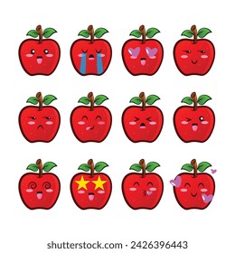 Set apple icons emojis. Collection of fruit emoticons in cartoon style isolated on white background, vector illustration