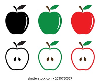 Conjunto de iconos de manzana. fruta de manzana con hoja, manzana entera y media manzana. Ilustración vectorial.