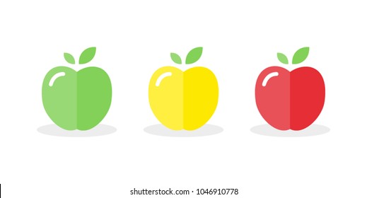 Set: apple icons. Green, red and yellow bright colors. Vector illustration, flat and minimal style.