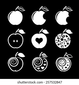 Set of apple icons and logos. Sketch and monochrome grunge drawing apple for retro design.