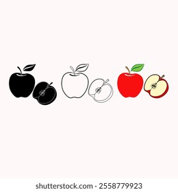 set of apple illustrations in four styles: solid black, black outline, red solid color, and red apple with a slice showing its interior, on a light background.