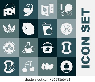 Set Apple, Leather, Cookie or biscuit, Vegetarian food menu, Lemon, Leaf, Cheese and Fresh smoothie icon. Vector
