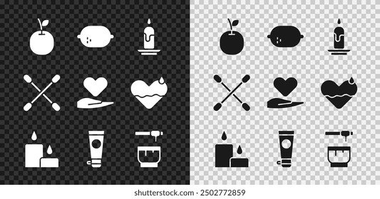 Set Apple, Lemon, Burning candle, Cream or lotion cosmetic tube, Honey dipper stick bowl, Cotton swab for ears and Heart hand icon. Vector