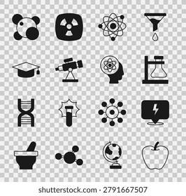 Set Apple, Lightning bolt, Test tube flask on stand, Atom, Telescope, Graduation cap, Molecule and  icon. Vector