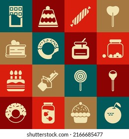 Set Apple, Lollipop, Glass jar with candies inside, Candy, Donut, Piece of cake, Chocolate bar and Jar honey icon. Vector