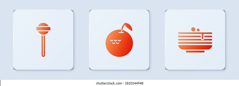 Set Apple, Lollipop and Stack of pancakes. White square button. Vector