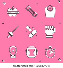Set Apple and measuring tape, Chest expander, Bathroom scales, Fencing, Vitamin pill, MMA glove, Boxing training paws and helmet icon. Vector