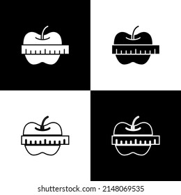 Ajuste Apple y el icono de la cinta de medida aislado en fondo blanco y negro. Exceso de peso. Menú de dieta saludable. Gimnasio dieta manzana. Vector