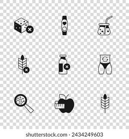 Set Apple and measuring tape, Metabolism, Wheat, Lactose intolerance, Fresh smoothie, No sugar free, Smart watch with heart and Gluten grain icon. Vector