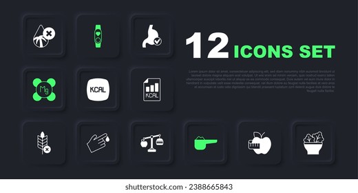 Set Apple and measuring tape, Salad bowl, Kcal, Sports nutrition proteine, Magnesium, Finger blood, Smart watch with heart and Calorie calculator icon. Vector