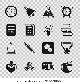 Set Apple, Medal, Book, Test tube and flask, Exam sheet with check mark, paper incorrect answers, Clock and Light bulb icon. Vector