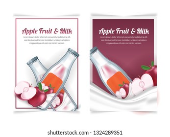 Set of apple milk drink in a bottle flyer design template with 3d realistic style for brochure, poster, magazine cover, banner, card and background in A4 format size paper.