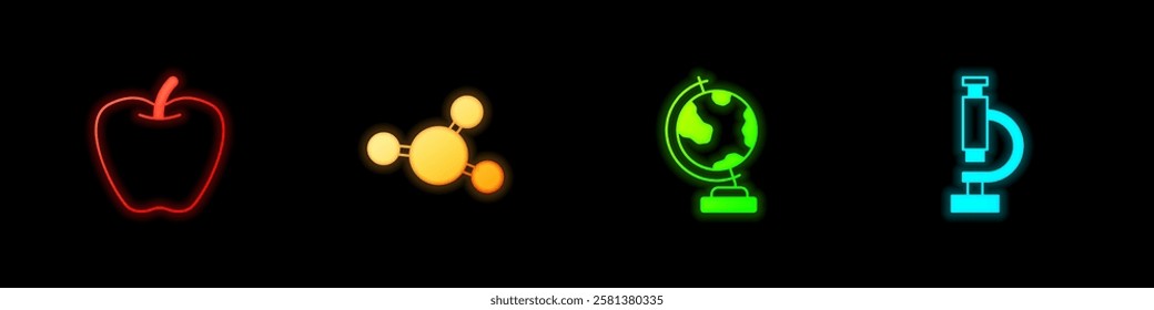 Set Apple, Molecule, Earth globe and Microscope icon. Vector