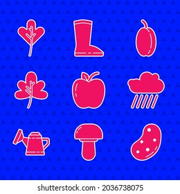 Set Apple, Mushroom, Potato, Cloud with rain, Watering can, Leaf or leaves, Plum fruit and  icon. Vector