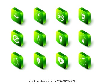 Set Apple, No GMO, Organic cosmetic, Broccoli, Tomato, Vegan food diet and Leaf or leaves icon. Vector
