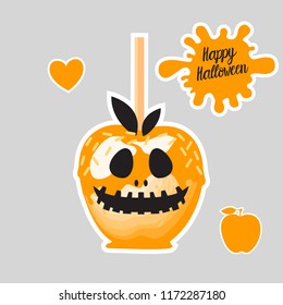 Set Apple with orange caramel Sweet candy on sticks. Happy Halloween dessert. Vector illustration on white background.