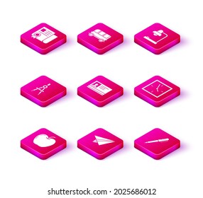 Set Apple, Paper airplane, Drawing compass, Identification badge, Pen, Clock, Table lamp and School Bus icon. Vector