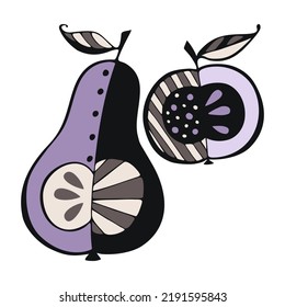 Set Apple Pear doodle violet color hand drawn logo icon silhouette, isolated, white background. Vector illustration