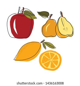 Set of apple, pear and lemon elements with a stroke in a flat style on a white background.