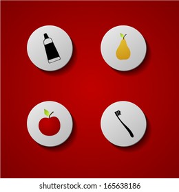 set of apple, pear, toothbrush and toothpaste