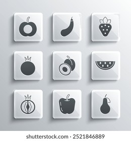 Set Apple, Pear, Watermelon, Plum fruit, Tomato, Peach and Strawberry icon. Vector