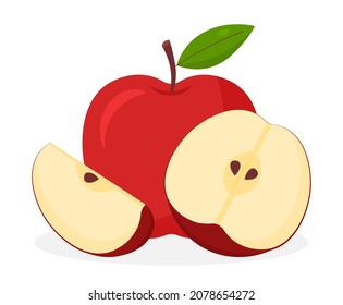 Set of apple. Pieces of fruit. Tasty food. Fresh and natural products. Vitamins, diet, weight loss, vegetarians. Different red apples, slice, grocery market. Cartoon flat vector illustration