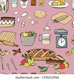 Set of Apple Pies isolated with Apples, Sweet, tart dessert treat. Vector illustration. Apple pie recipe. Isolated elements, illustration for menus, backgrounds, wrappers
