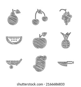 Icône set Pomme, Pomme de terre, Couteau, Ananas, Pois, Pâtes, Pâques, Fruits de raisin et Poires. Image vectorielle