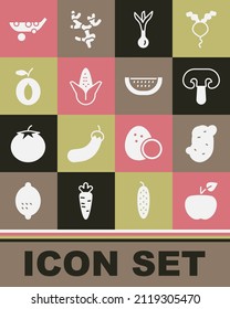 Set Apple, Potato, Mushroom, Onion, Corn, Plum fruit, Peas and Watermelon icon. Vector