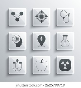 Set Apple, Radioactive, Test tube, Lightning bolt, Magnet, Atom, Molecule and Stethoscope icon. Vector