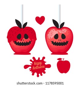 Set Apple with red caramel Sweet candy on sticks. Happy Halloween dessert. Vector illustration on white background.