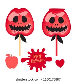 Set Apple with red caramel Sweet candy on sticks. Happy Halloween dessert. Vector illustration on white background.