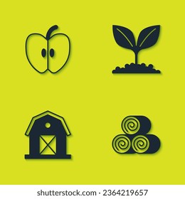 Set Apple, Roll of hay, Farm house and Plant icon. Vector