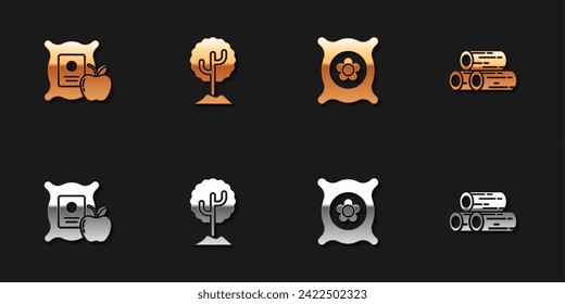 Set Apple in the sack, Tree, Pack full of seeds of plant and Wooden logs icon. Vector