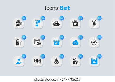 Set Apple, Shopping bag with recycle, CO2 emissions cloud, Leaf hand, Electric saving plug leaf, Hand holding Earth globe and Calendar autumn leaves icon. Vector