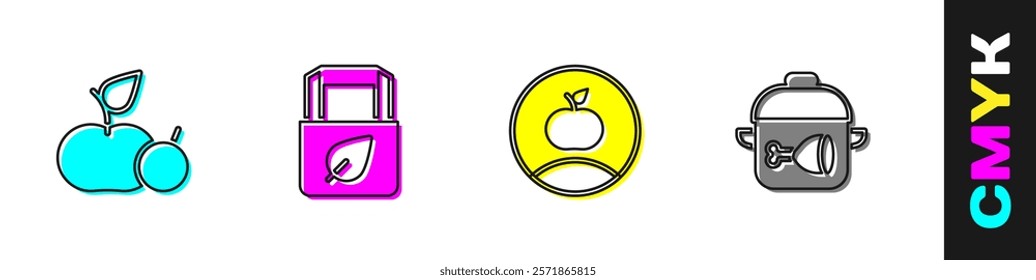 Set Apple, Shopping bag with recycle,  and Cooking pot and chicken leg icon. Vector