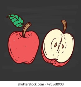 set of apple slice with color using doodle art on chalkboard background