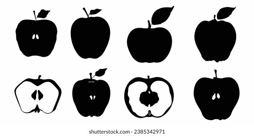 Set of apple and apple slice silhouettes. Apple icons set. Vector illustration