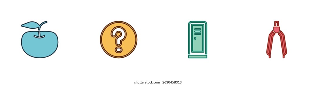 Set Apple, Speech bubbles with Question, Locker or changing room and Drawing compass icon. Vector