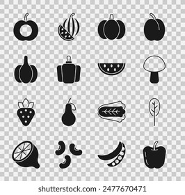 Set Apple, Spinach, Mushroom, Pumpkin, Bell pepper, Garlic, Peach fruit and Watermelon icon. Vector