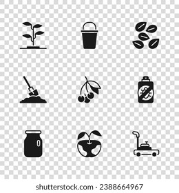 Ponga Apple, Spray contra insectos, cortadora de césped, bayas frescas, Semillas de plantas específicas, Sprout, Bucket y Shovel el icono del suelo. Vector