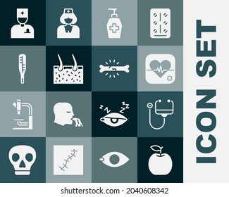 Set Apple, Stethoscope, Heart rate, Liquid antibacterial soap, Hair covering skin, Medical thermometer, Male doctor and Bone pain icon. Vector