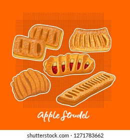 set of apple strudel bread vector illustrations