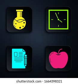 Set Apple, Test tube and flask chemical laboratory, Exam sheet and pencil with eraser and Clock. Black square button. Vector