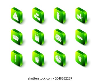 Set Apple, Thermos container, Fast street food cart, Nachos plate, Grilled shish kebab, Burger, Pizza and Asian noodles and chopsticks icon. Vector