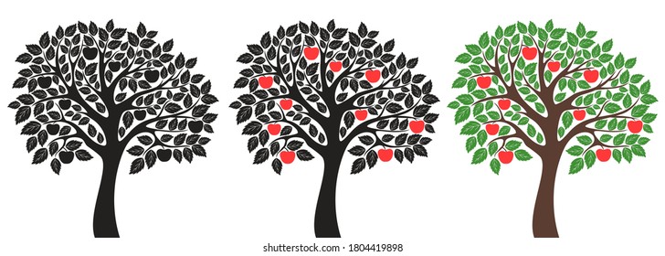 Set with apple tree isolated on white background. Vector illustrations