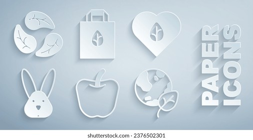 Establezca la dieta de Apple, Vegan food, Animal cruelty free, Earth globo and leaf, Shopping bag con reciclador y hoja o icono de hojas. Vector