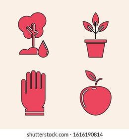 Set Apple, Watering Tree, Flowers in pot and Garden gloves icon. Vector